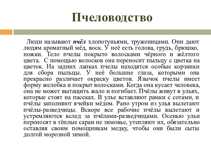 Пчеловодство Люди называют пчёл хлопотуньями, труженицами. Они дают людям ароматный мёд, воск.