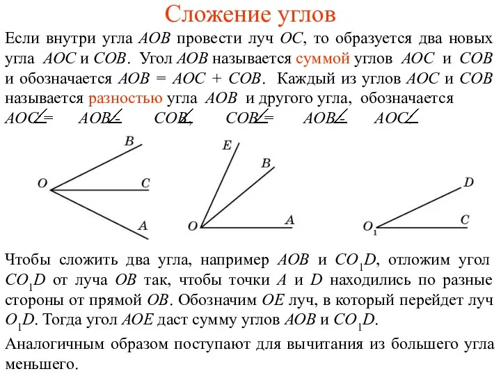 Сложение углов Аналогичным образом поступают для вычитания из большего угла меньшего. Чтобы