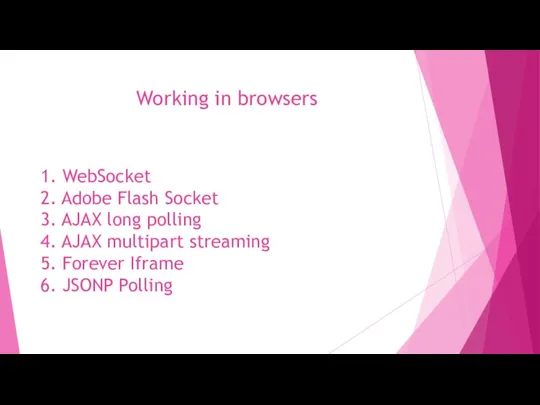 Working in browsers 1. WebSocket 2. Adobe Flash Socket 3. AJAX long