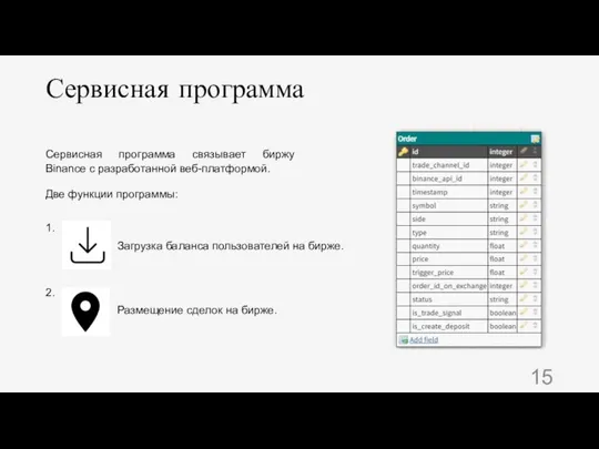 Сервисная программа Сервисная программа связывает биржу Binance с разработанной веб-платформой. Две функции