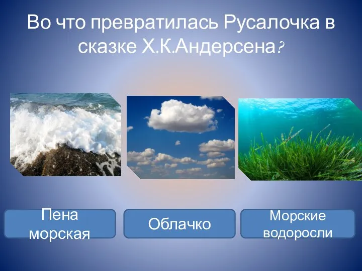 Во что превратилась Русалочка в сказке Х.К.Андерсена? Пена морская Облачко Морские водоросли