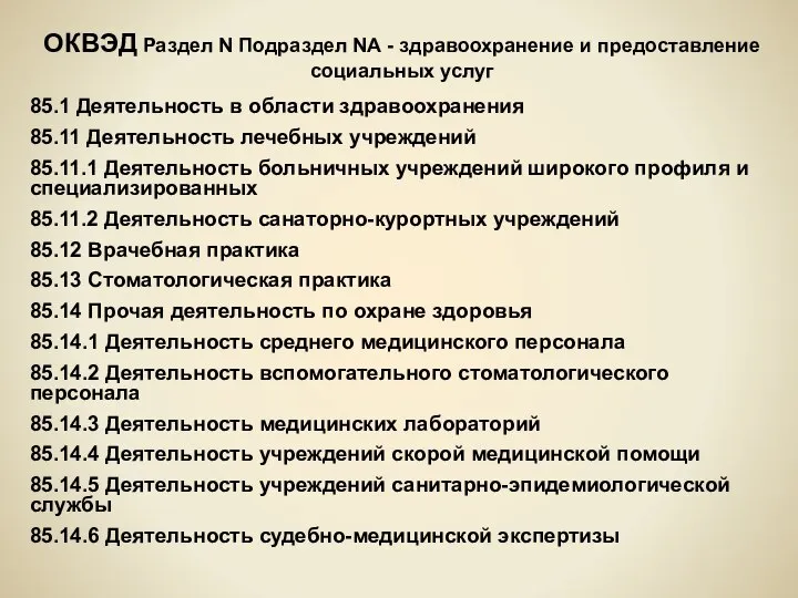 ОКВЭД Раздел N Подраздел NА - здравоохранение и предоставление социальных услуг 85.1