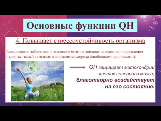 Основные функции QH 4. Повышает стрессоустойчивость организма Большинство заболеваний головного мозга возникают