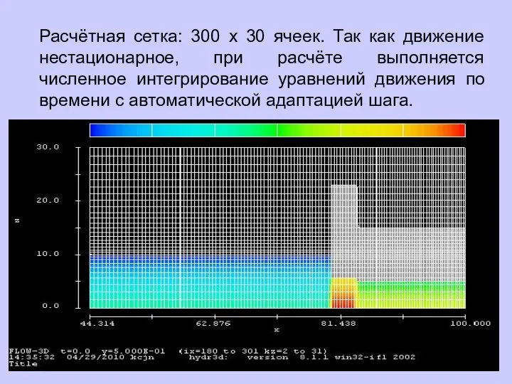 Расчётная сетка: 300 х 30 ячеек. Так как движение нестационарное, при расчёте