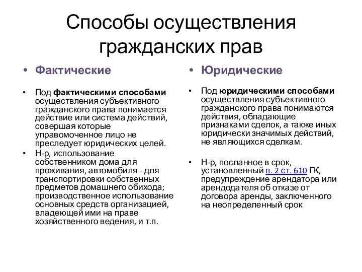 Способы осуществления гражданских прав Фактические Под фактическими способами осуществления субъективного гражданского права