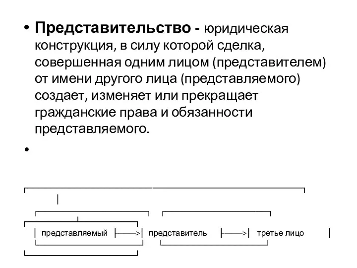 Представительство - юридическая конструкция, в силу которой сделка, совершенная одним лицом (представителем)