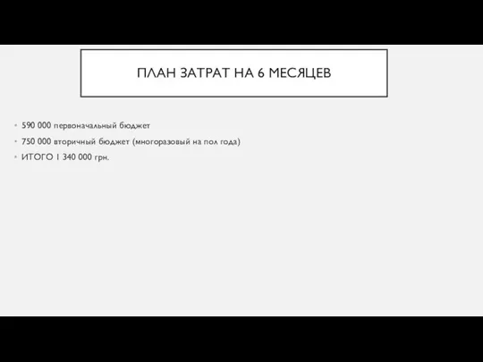 ПЛАН ЗАТРАТ НА 6 МЕСЯЦЕВ 590 000 первоначальный бюджет 750 000 вторичный