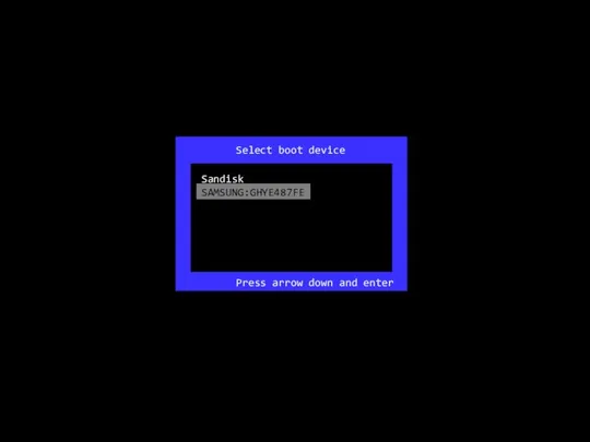 Select boot device Press arrow down and enter Sandisk SAMSUNG:GHYE487FE