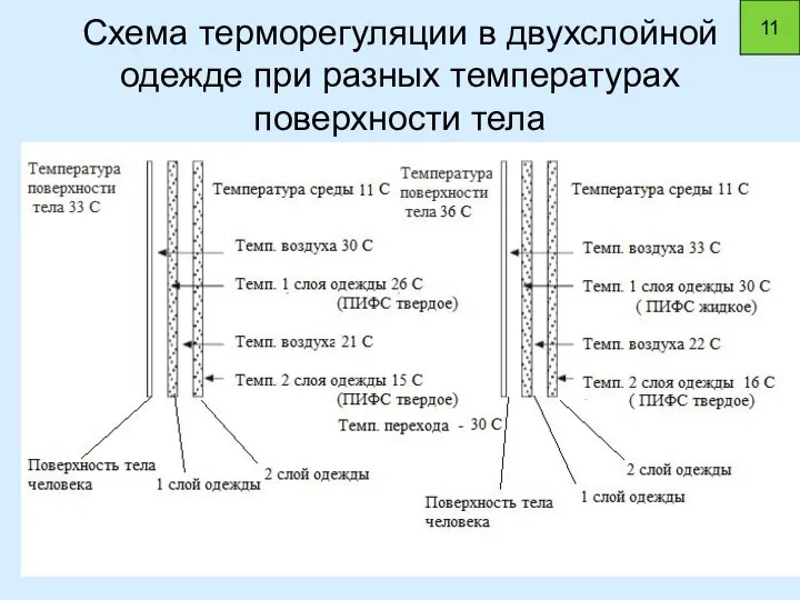 Схема терморегуляции в двухслойной одежде при разных температурах поверхности тела 11