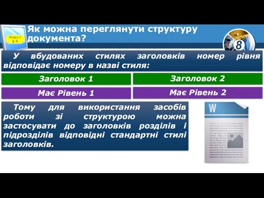 Як можна переглянути структуру документа? У вбудованих стилях заголовків номер рівня відповідає