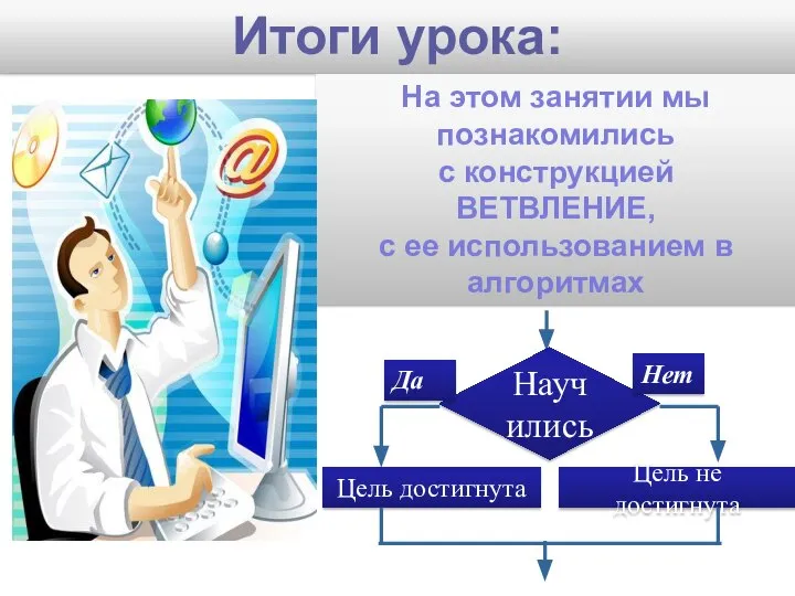 Итоги урока: На этом занятии мы познакомились с конструкцией ВЕТВЛЕНИЕ, с ее