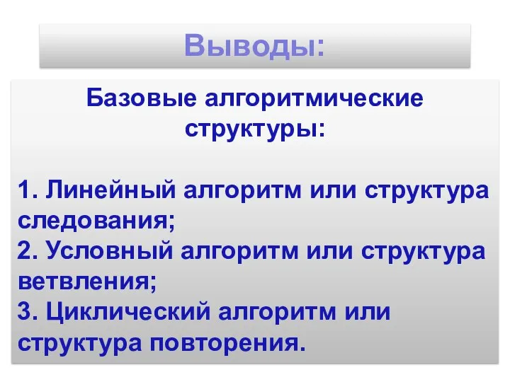 Базовые алгоритмические структуры: 1. Линейный алгоритм или структура следования; 2. Условный алгоритм