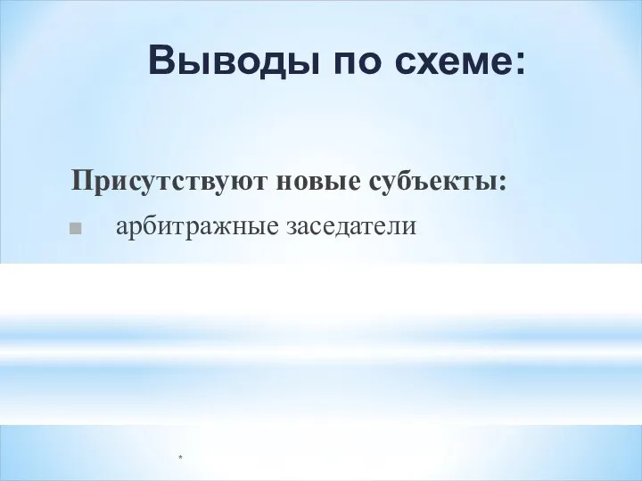 * Выводы по схеме: Присутствуют новые субъекты: арбитражные заседатели