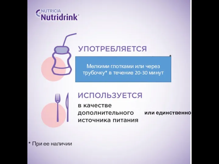 * * При ее наличии Мелкими глотками или через трубочку* в течение 20-30 минут или единственного