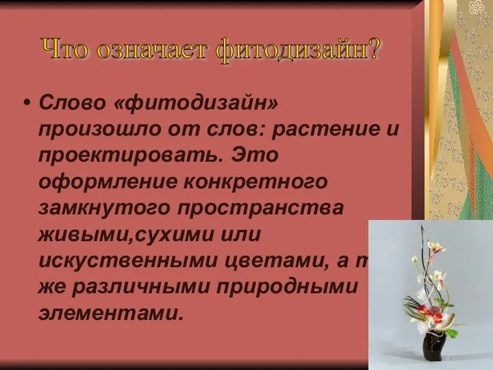 Слово «фитодизайн» произошло от слов: растение и проектировать. Это оформление конкретного замкнутого