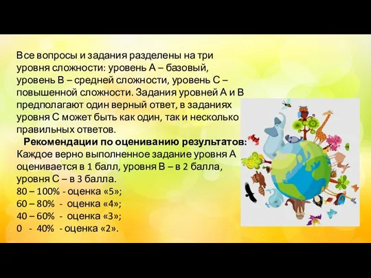 Все вопросы и задания разделены на три уровня сложности: уровень А –