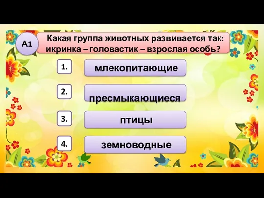 Какая группа животных развивается так: икринка – головастик – взрослая особь? А1