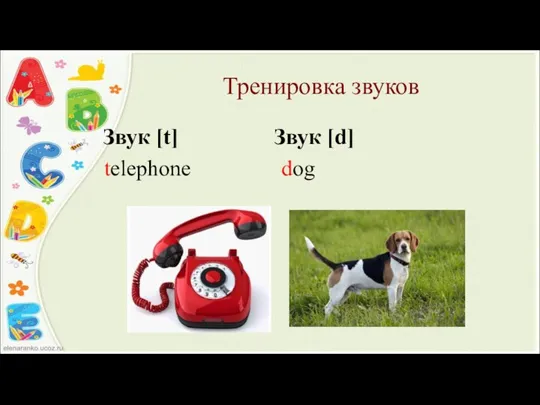 Тренировка звуков Звук [t] Звук [d] telephone dog