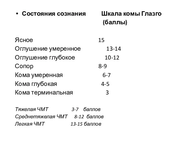 Состояния сознания Шкала комы Глазго (баллы) Ясное 15 Оглушение умеренное 13-14 Оглушение