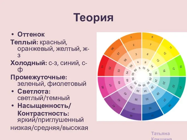 Теория Татьяна Клишина Оттенок Теплый: красный, оранжевый, желтый, ж-з Холодный: с-з, синий,