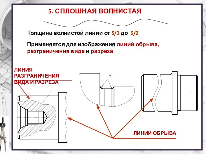 5. СПЛОШНАЯ ВОЛНИСТАЯ ЛИНИЯ Толщина волнистой линии от S/3 до S/2 Применяется