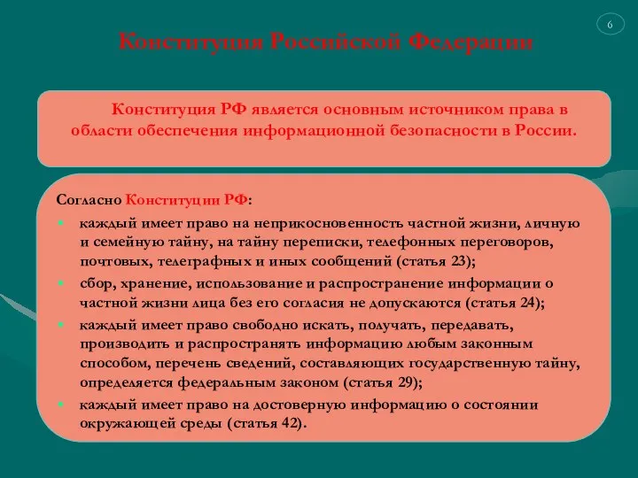 Конституция Российской Федерации Согласно Конституции РФ: каждый имеет право на неприкосновенность частной