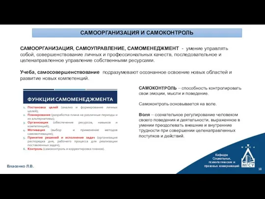 Кафедра Социальных, психологических и правовых коммуникаций Власенко Л.В. САМООРГАНИЗАЦИЯ И САМОКОНТРОЛЬ САМООРГАНИЗАЦИЯ,