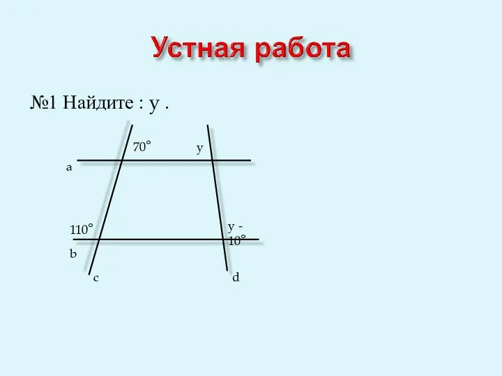 №1 Найдите : y . b a c d 110° 70° y y - 10°