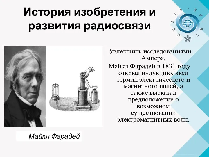 История изобретения и развития радиосвязи Увлекшись исследованиями Ампера, Майкл Фарадей в 1831