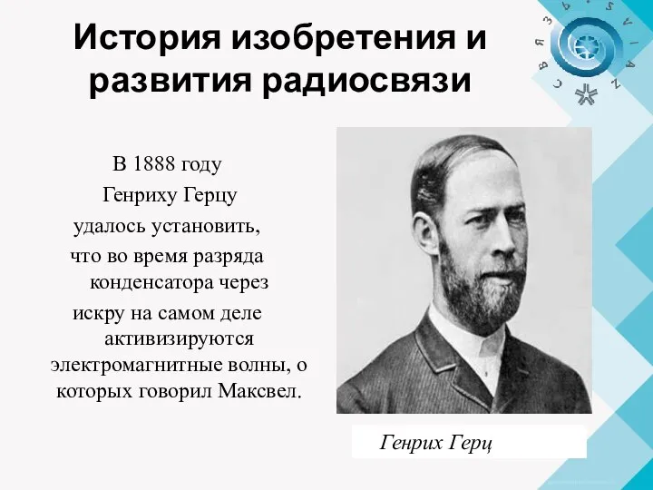 История изобретения и развития радиосвязи В 1888 году Генриху Герцу удалось установить,