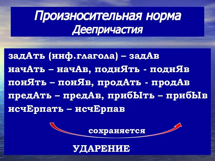 Произносительная норма Деепричастия задАть (инф.глагола) – задАв начАть – начАв, поднЯть -