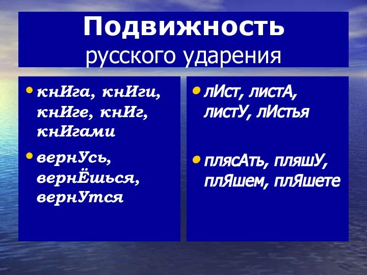 Подвижность русского ударения кнИга, кнИги, кнИге, кнИг, кнИгами вернУсь, вернЁшься, вернУтся лИст,