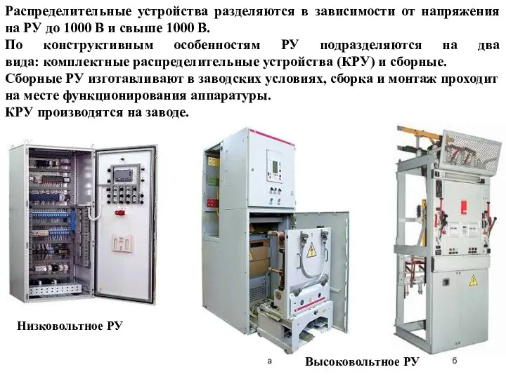 Распределительные устройства разделяются в зависимости от напряжения на РУ до 1000 В