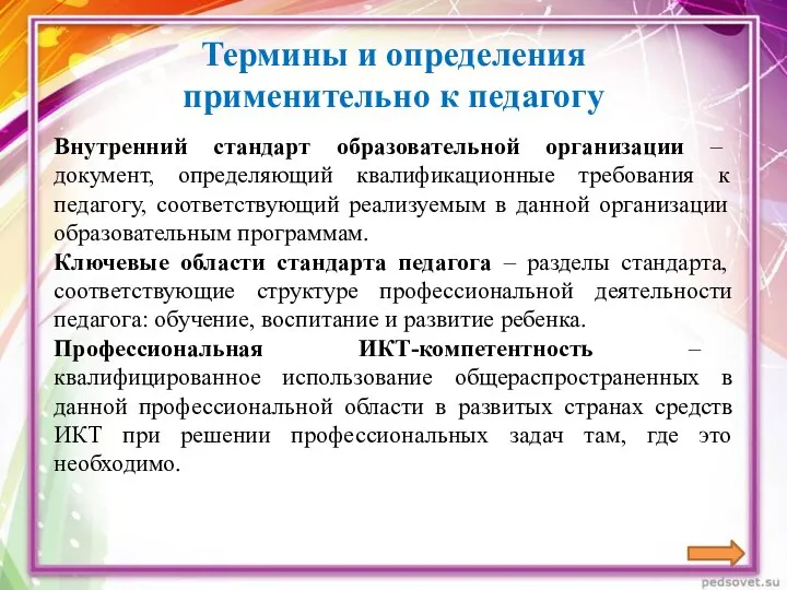 Термины и определения применительно к педагогу Внутренний стандарт образовательной организации – документ,