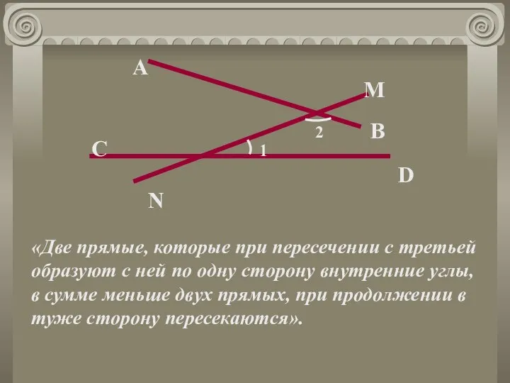 «Две прямые, которые при пересечении с третьей образуют с ней по одну