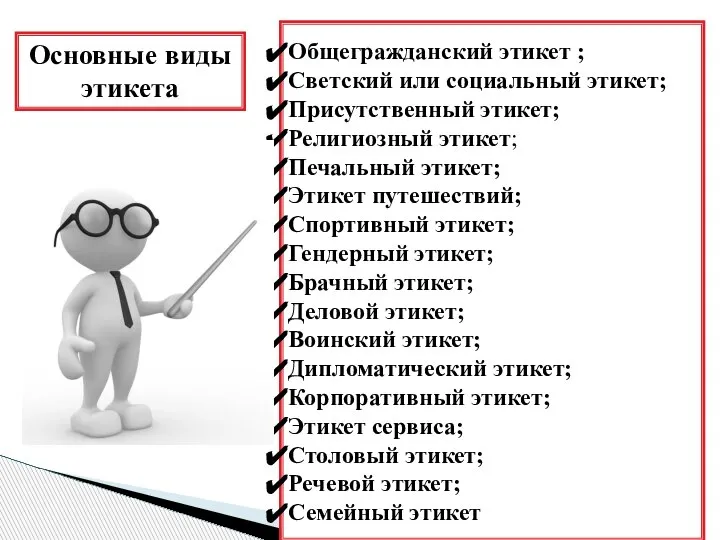 Общегражданский этикет ; Светский или социальный этикет; Присутственный этикет; Религиозный этикет; Печальный