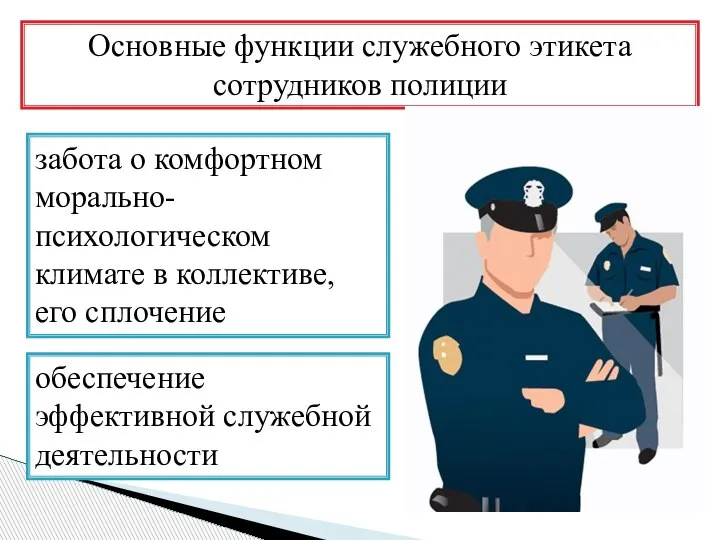 Основные функции служебного этикета сотрудников полиции забота о комфортном морально-психологическом климате в