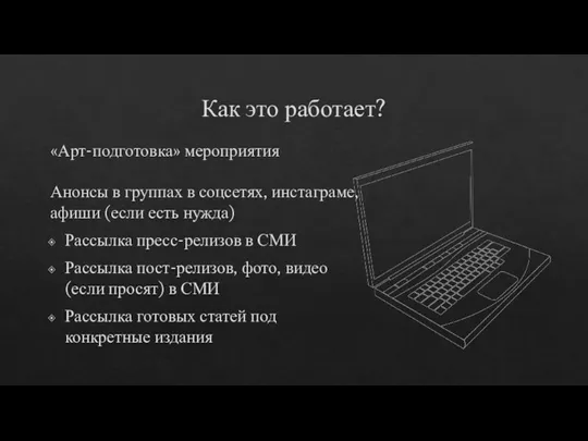 Как это работает? «Арт-подготовка» мероприятия Анонсы в группах в соцсетях, инстаграме, афиши