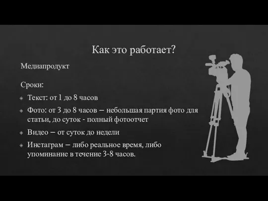 Как это работает? Медиапродукт Сроки: Текст: от 1 до 8 часов Фото: