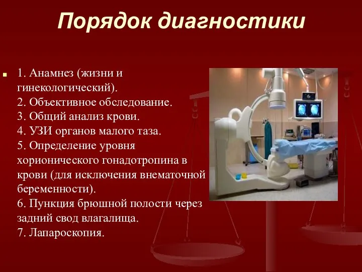 Порядок диагностики 1. Анамнез (жизни и гинекологический). 2. Объективное обследование. 3. Общий