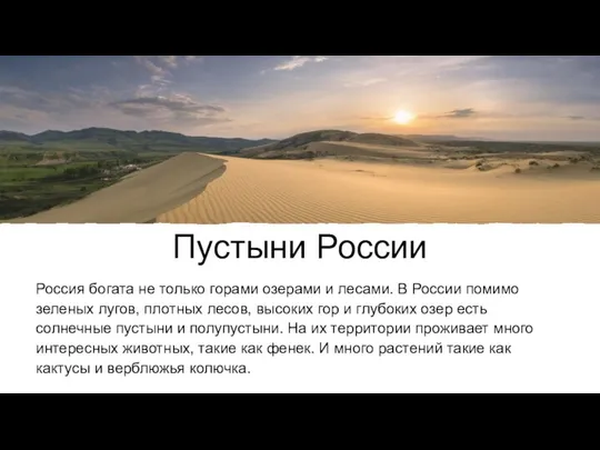 Пустыни России Россия богата не только горами озерами и лесами. В России