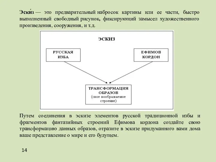 Эски́з — это предварительный набросок картины или ее части, быстро выполненный свободный