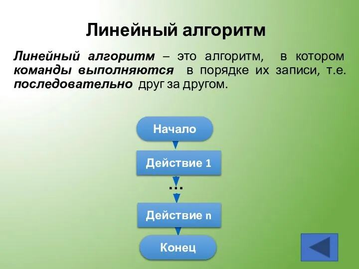 Линейный алгоритм Линейный алгоритм – это алгоритм, в котором команды выполняются в