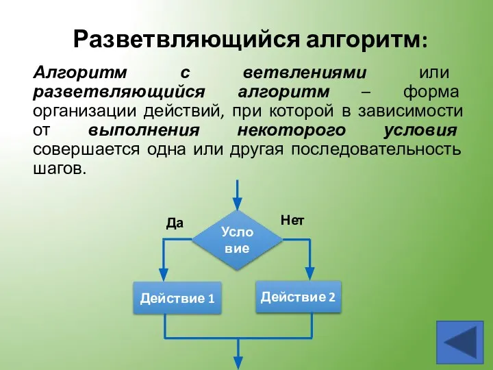 Разветвляющийся алгоритм: Алгоритм с ветвлениями или разветвляющийся алгоритм – форма организации действий,