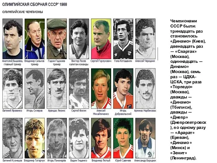 Чемпионами СССР были: тринадцать раз становилось «Динамо» (Киев), двенадцать раз — «Спартак»