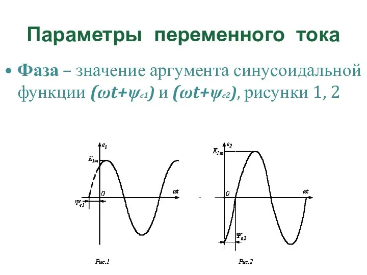 Параметры переменного тока Фаза – значение аргумента синусоидальной функции (ωt+ψе1) и (ωt+ψе2), рисунки 1, 2