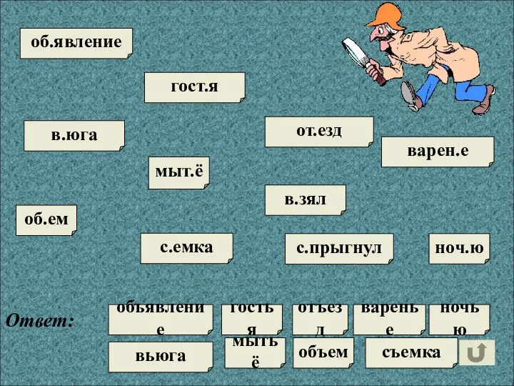 в.юга с.прыгнул от.езд об.явление с.емка варен.е об.ем гост.я ноч.ю Ответ: гостья отъезд