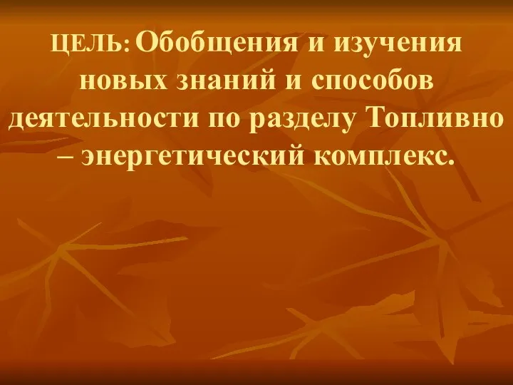 ЦЕЛЬ: Обобщения и изучения новых знаний и способов деятельности по разделу Топливно – энергетический комплекс.