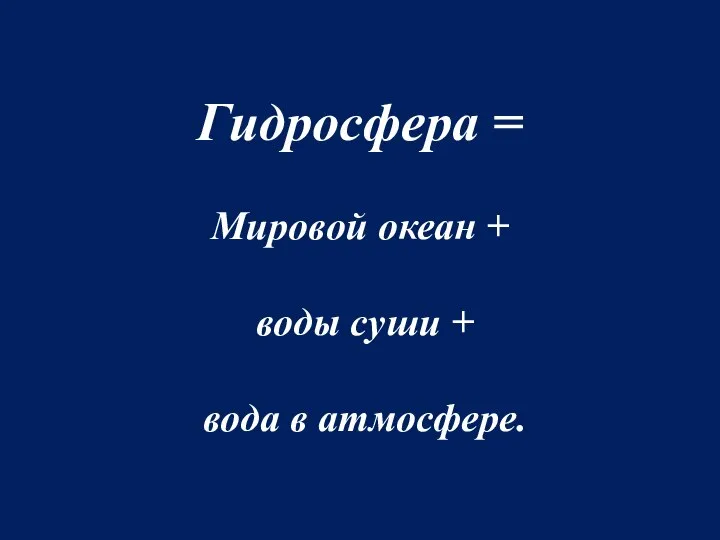 Гидросфера = Мировой океан + воды суши + вода в атмосфере.