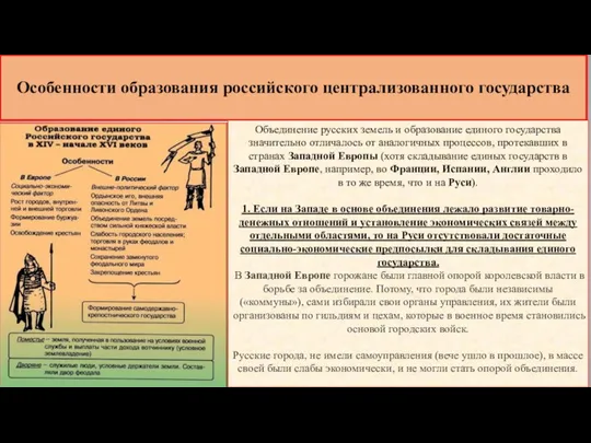 Особенности образования российского централизованного государства Объединение русских земель и образование единого государства